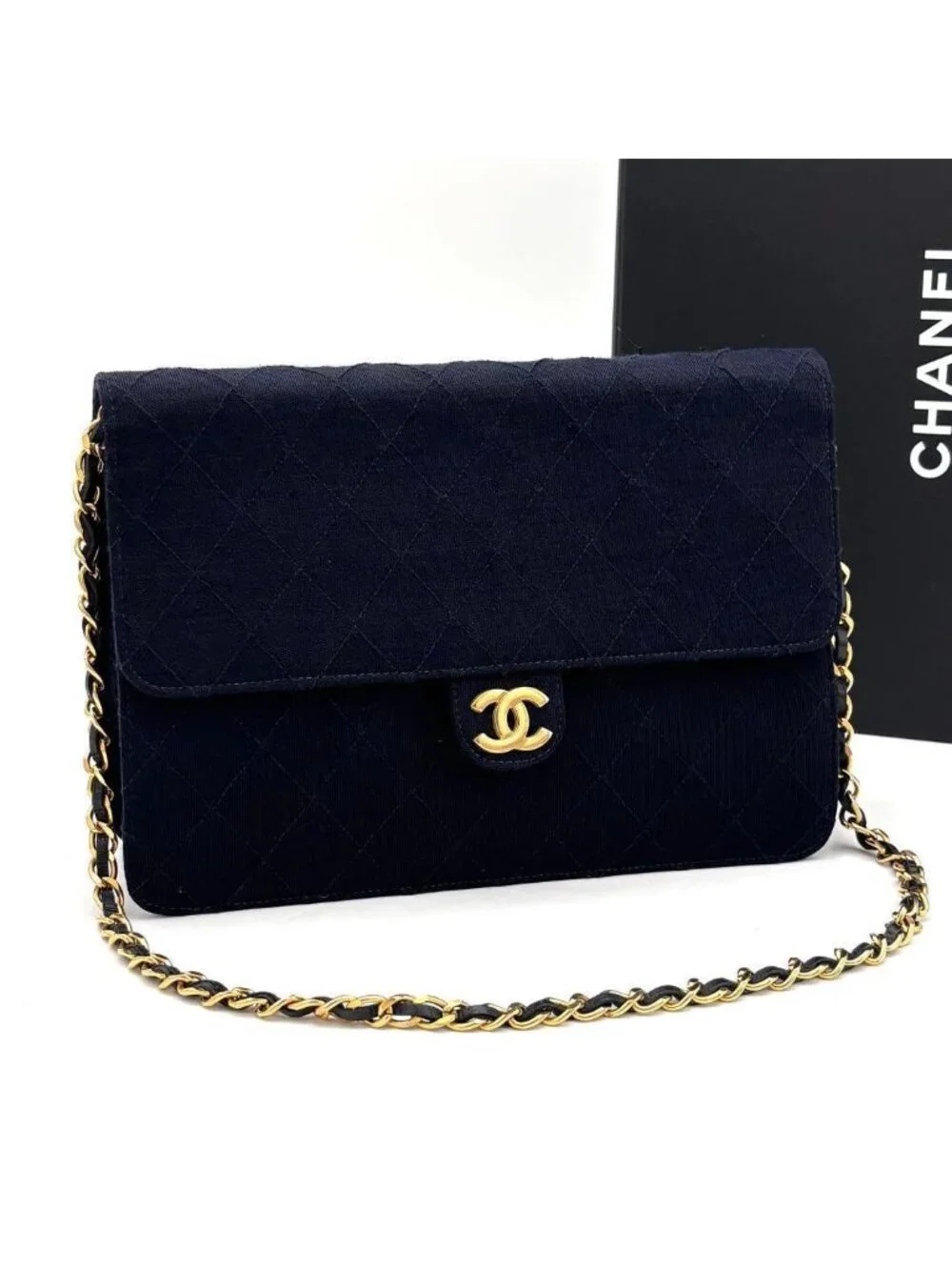 Chanel Quilted Cotton Chain Shoulder Bag Navy Gold